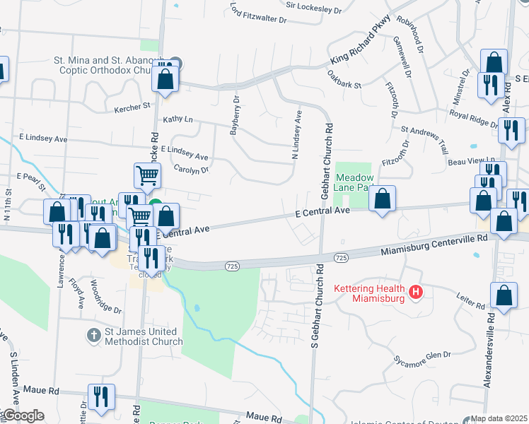 map of restaurants, bars, coffee shops, grocery stores, and more near 1809 East Central Avenue in Miamisburg