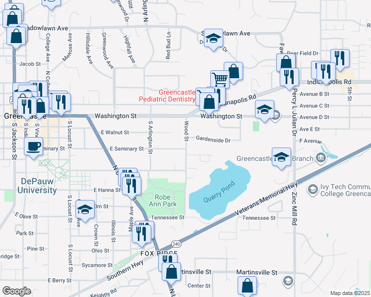 map of restaurants, bars, coffee shops, grocery stores, and more near 737 East Seminary Street in Greencastle