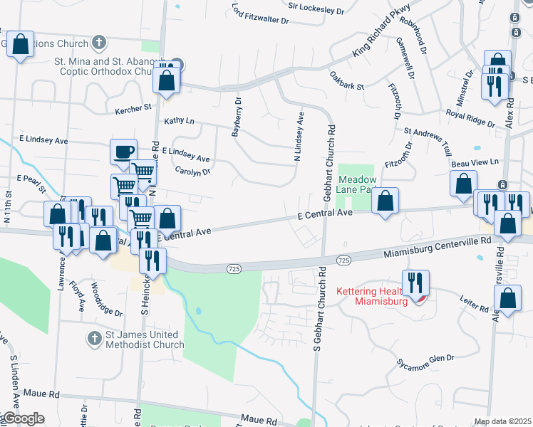 map of restaurants, bars, coffee shops, grocery stores, and more near 1809 East Central Avenue in Miamisburg