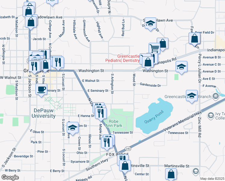 map of restaurants, bars, coffee shops, grocery stores, and more near 701 East Seminary Street in Greencastle