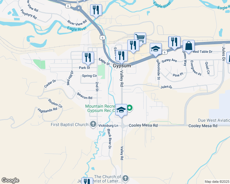 map of restaurants, bars, coffee shops, grocery stores, and more near 652 Lost Lane Place in Gypsum