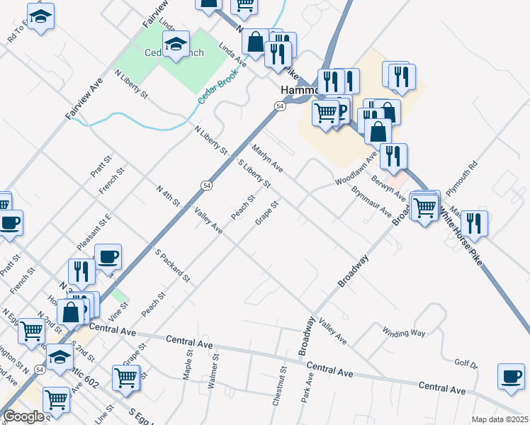 map of restaurants, bars, coffee shops, grocery stores, and more near 663 Grape Street in Hammonton