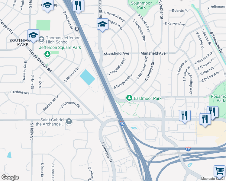 map of restaurants, bars, coffee shops, grocery stores, and more near 4170 South Newport Way in Denver
