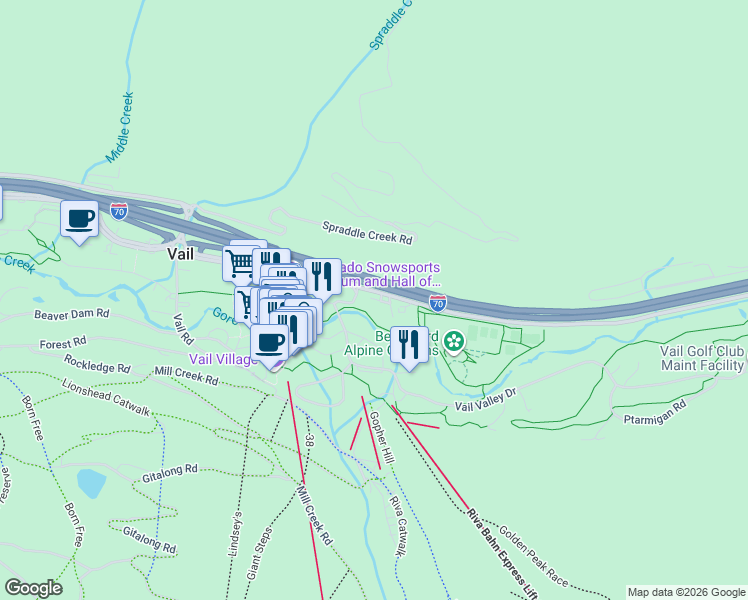 map of restaurants, bars, coffee shops, grocery stores, and more near 400 South Frontage Road East in Vail