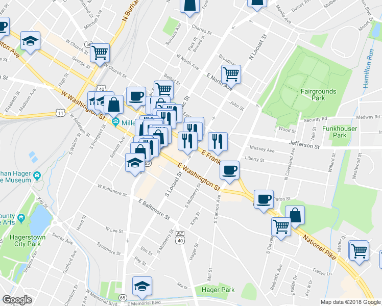 map of restaurants, bars, coffee shops, grocery stores, and more near 33 North Locust Street in Hagerstown