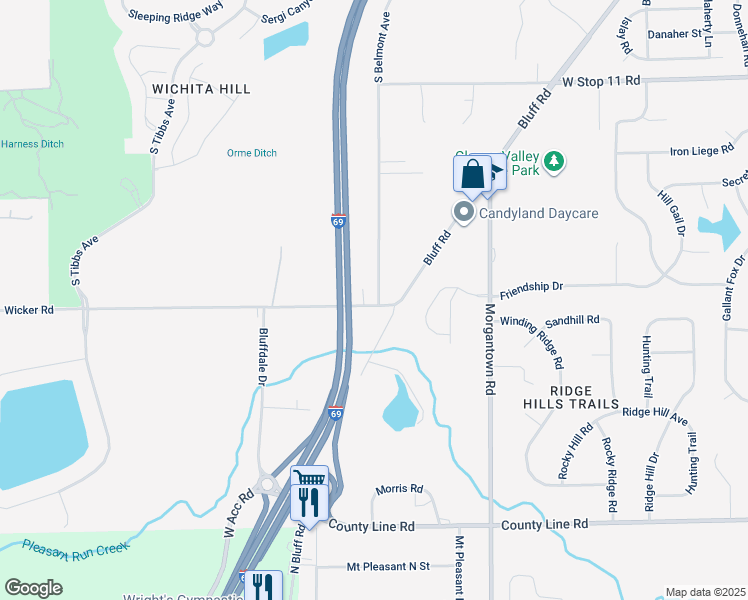 map of restaurants, bars, coffee shops, grocery stores, and more near 8450 South Belmont Avenue in Indianapolis