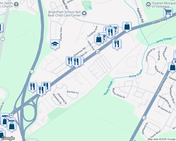 map of restaurants, bars, coffee shops, grocery stores, and more near 760 Pulaski Highway in Bear