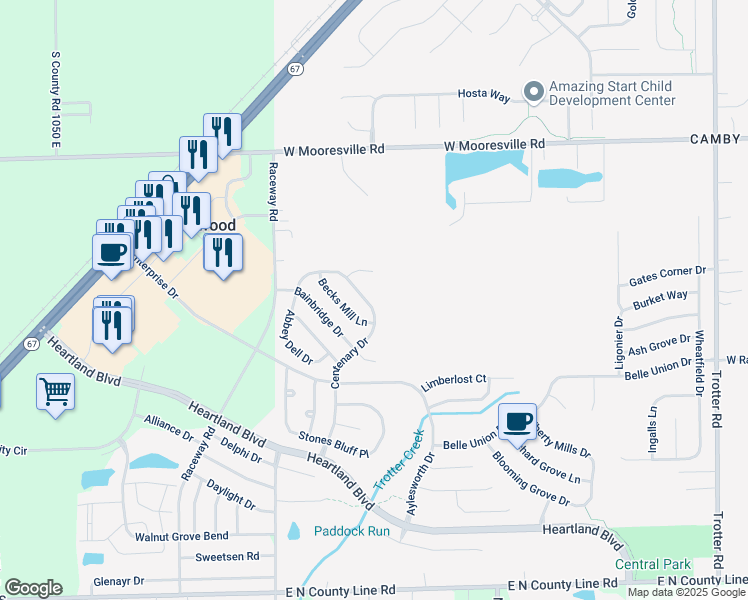 map of restaurants, bars, coffee shops, grocery stores, and more near 8345 Centenary Drive in Indianapolis