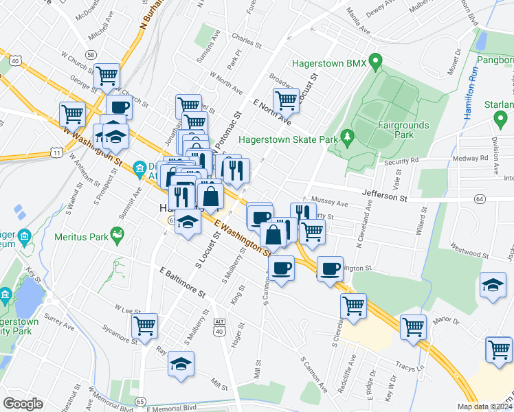 map of restaurants, bars, coffee shops, grocery stores, and more near 130 East Franklin Street in Hagerstown