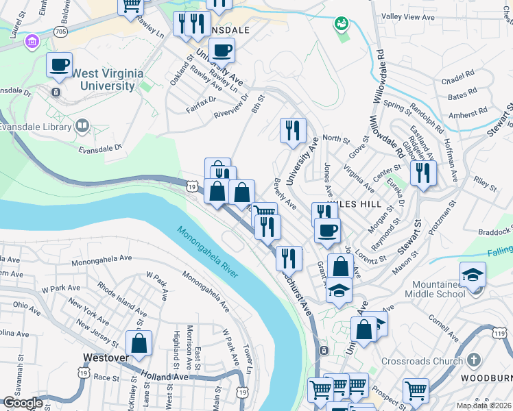 map of restaurants, bars, coffee shops, grocery stores, and more near 516 McLane Avenue in Morgantown