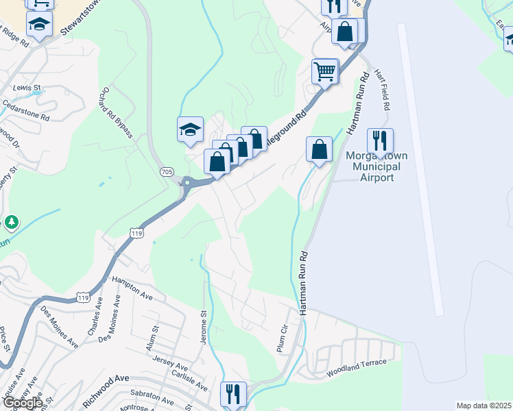 map of restaurants, bars, coffee shops, grocery stores, and more near 1108 Patton Drive in Morgantown