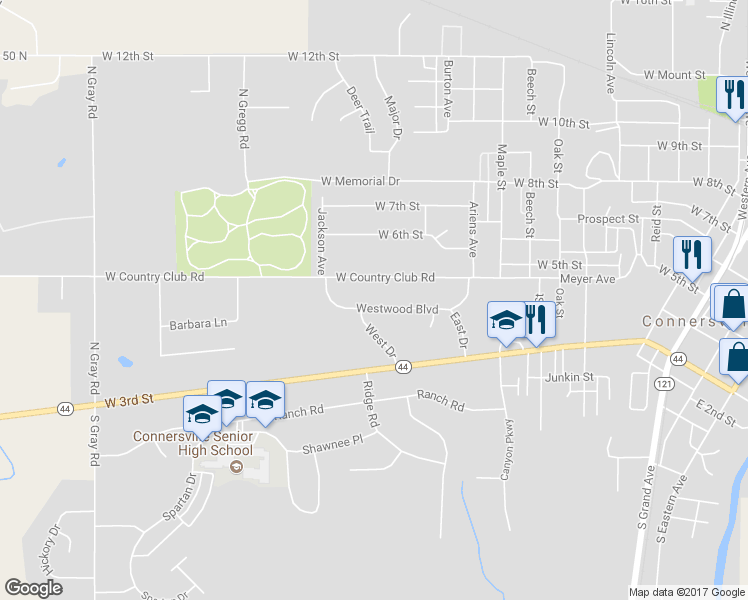 map of restaurants, bars, coffee shops, grocery stores, and more near 1504 Westwood Boulevard in Connersville