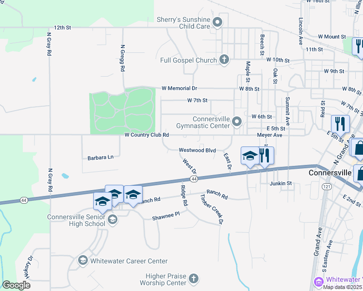 map of restaurants, bars, coffee shops, grocery stores, and more near 1504 Westwood Boulevard in Connersville