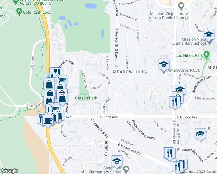 map of restaurants, bars, coffee shops, grocery stores, and more near 4105 South Cimarron Way in Aurora