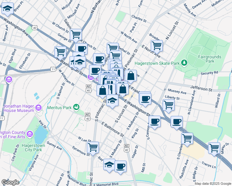 map of restaurants, bars, coffee shops, grocery stores, and more near 14 East Washington Street in Hagerstown