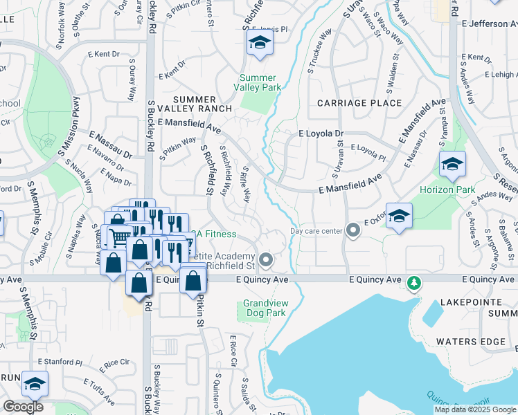 map of restaurants, bars, coffee shops, grocery stores, and more near 4180 South Richfield Way in Aurora