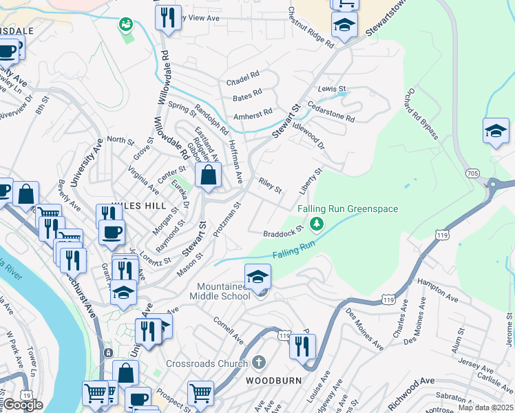 map of restaurants, bars, coffee shops, grocery stores, and more near 10 Keyser Avenue in Morgantown