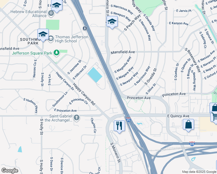 map of restaurants, bars, coffee shops, grocery stores, and more near 6495 East Happy Canyon Road in Denver