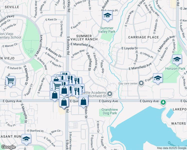 map of restaurants, bars, coffee shops, grocery stores, and more near 4101 South Richfield Way in Aurora