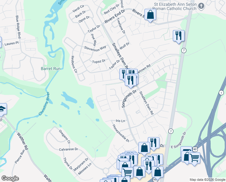 map of restaurants, bars, coffee shops, grocery stores, and more near 1 Brookfield Drive in Newark