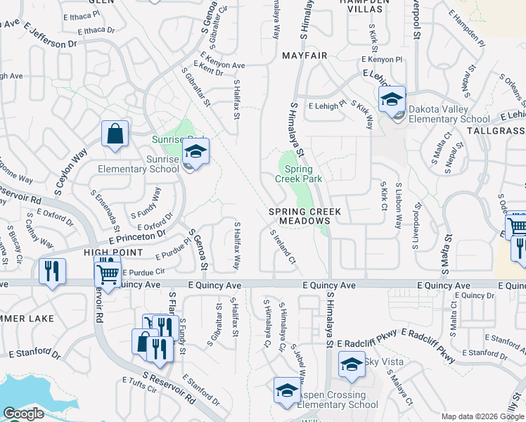 map of restaurants, bars, coffee shops, grocery stores, and more near 4105 South Himalaya Way in Aurora