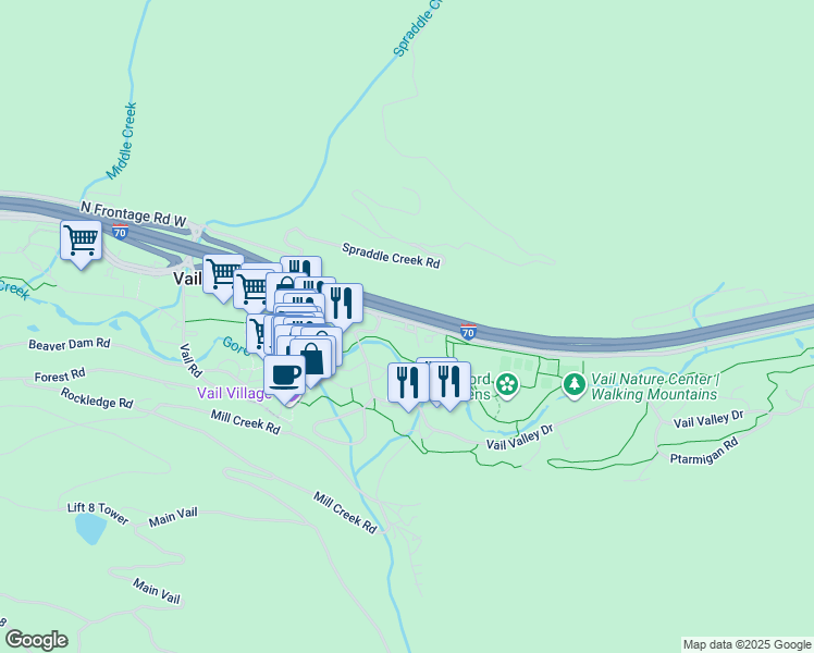 map of restaurants, bars, coffee shops, grocery stores, and more near 400 South Frontage Road East in Vail