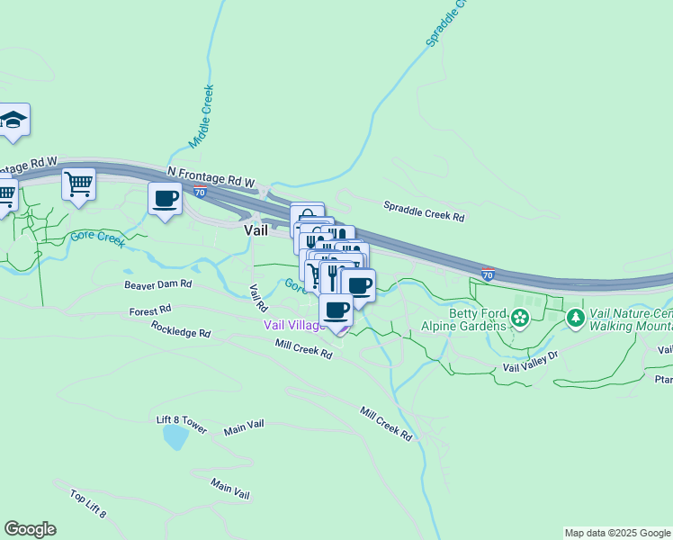 map of restaurants, bars, coffee shops, grocery stores, and more near 242 East Meadow Drive in Vail