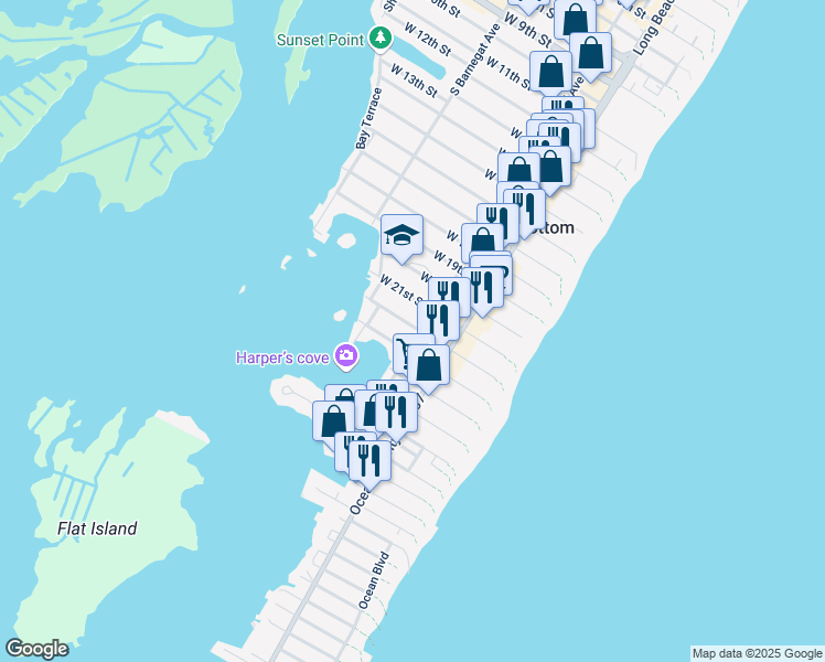 map of restaurants, bars, coffee shops, grocery stores, and more near 202 West 22nd Street in Ship Bottom