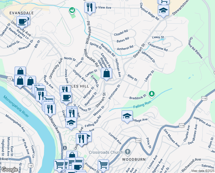 map of restaurants, bars, coffee shops, grocery stores, and more near 580 Stewart Street in Morgantown