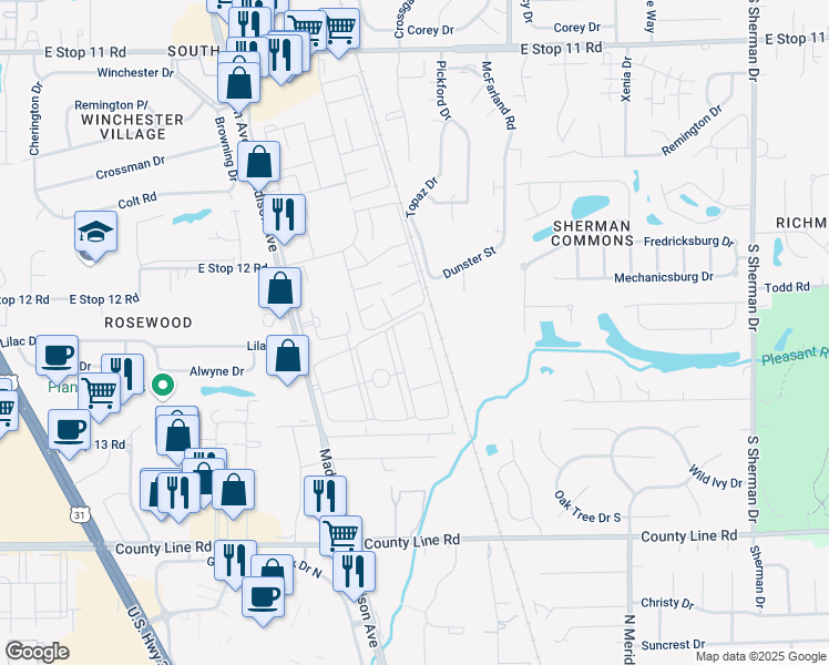 map of restaurants, bars, coffee shops, grocery stores, and more near 8809 Madison Avenue in Indianapolis