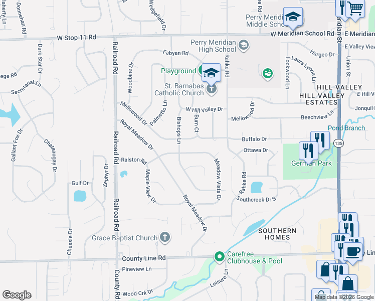 map of restaurants, bars, coffee shops, grocery stores, and more near 638 Ralston Road in Indianapolis