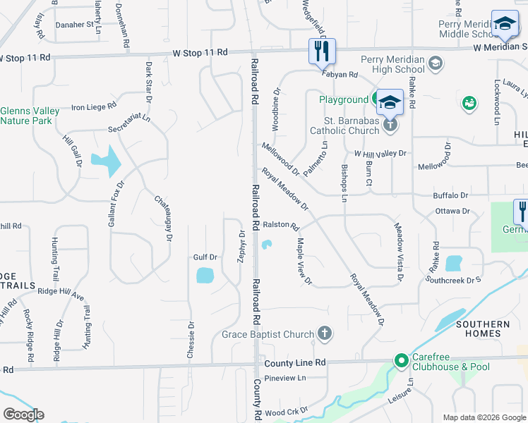 map of restaurants, bars, coffee shops, grocery stores, and more near 8537 Railroad Road in Indianapolis