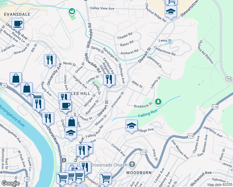 map of restaurants, bars, coffee shops, grocery stores, and more near 616 Stewart Street in Morgantown