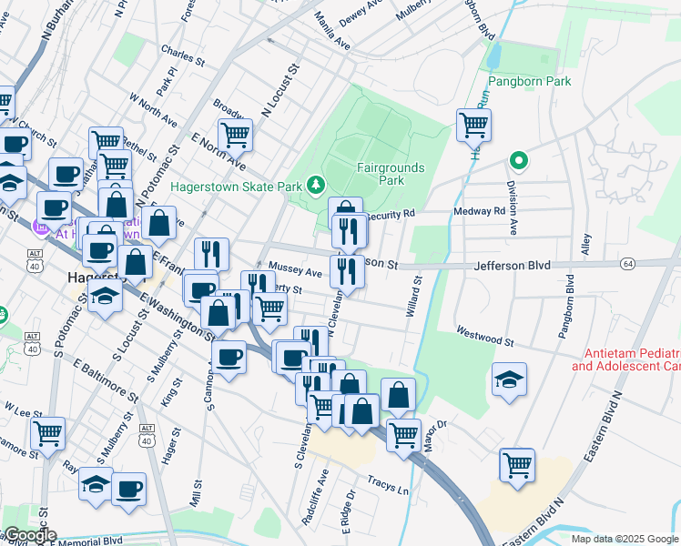 map of restaurants, bars, coffee shops, grocery stores, and more near 227 North Cleveland Avenue in Hagerstown