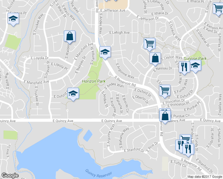 map of restaurants, bars, coffee shops, grocery stores, and more near 4166 South Argonne Street in Aurora