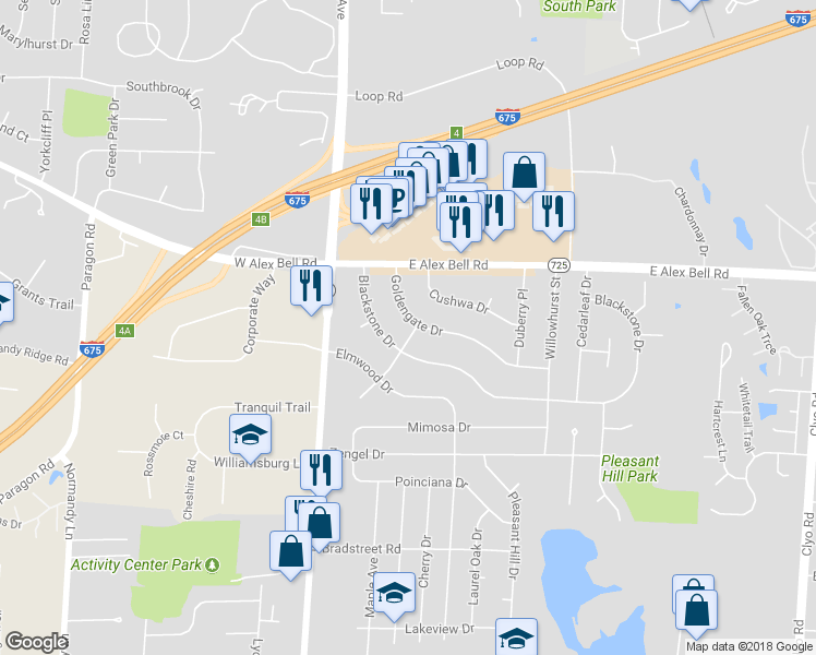 map of restaurants, bars, coffee shops, grocery stores, and more near 483 Sunnycliff Place in Dayton
