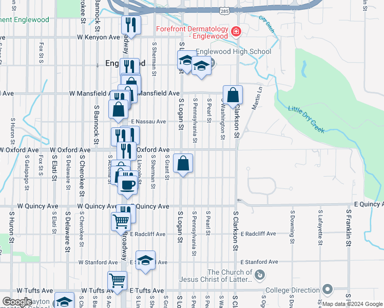 map of restaurants, bars, coffee shops, grocery stores, and more near 4111 South Pennsylvania Street in Englewood
