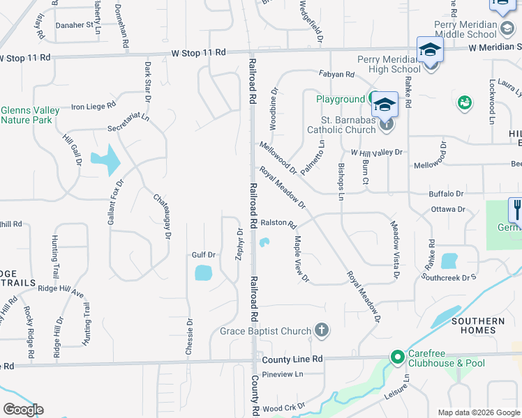 map of restaurants, bars, coffee shops, grocery stores, and more near 8537 Railroad Road in Indianapolis