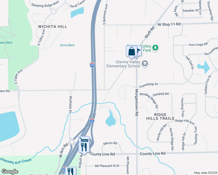 map of restaurants, bars, coffee shops, grocery stores, and more near 8432 Bluff Road in Indianapolis