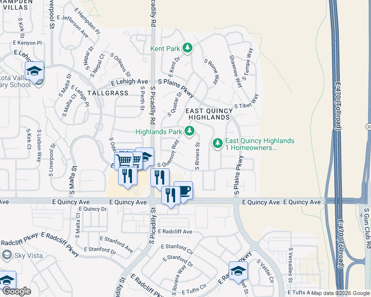 map of restaurants, bars, coffee shops, grocery stores, and more near 4101 South Riviera Street in Aurora
