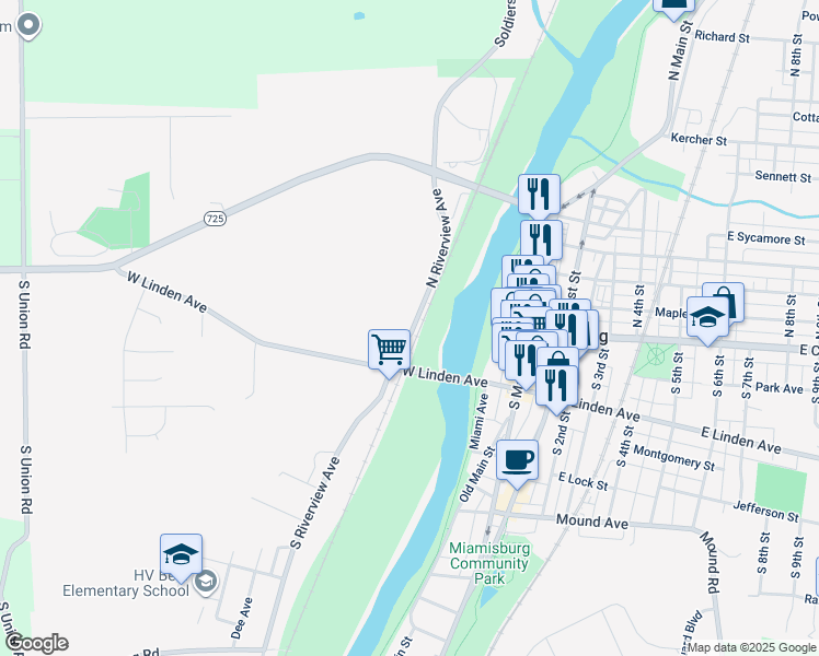 map of restaurants, bars, coffee shops, grocery stores, and more near 1 North Riverview Avenue in Miamisburg