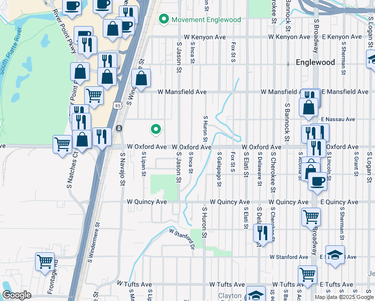 map of restaurants, bars, coffee shops, grocery stores, and more near 4101 South Inca Street in Englewood