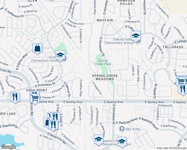 map of restaurants, bars, coffee shops, grocery stores, and more near 4105 South Himalaya Way in Aurora