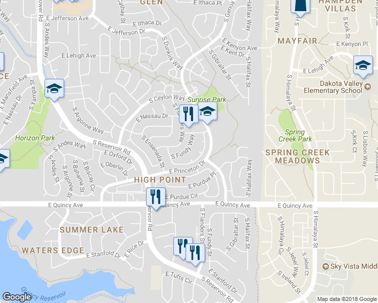 map of restaurants, bars, coffee shops, grocery stores, and more near 4048 South Fundy Way in Aurora