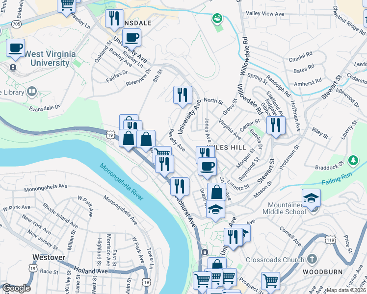 map of restaurants, bars, coffee shops, grocery stores, and more near 420 Beverly Avenue in Morgantown