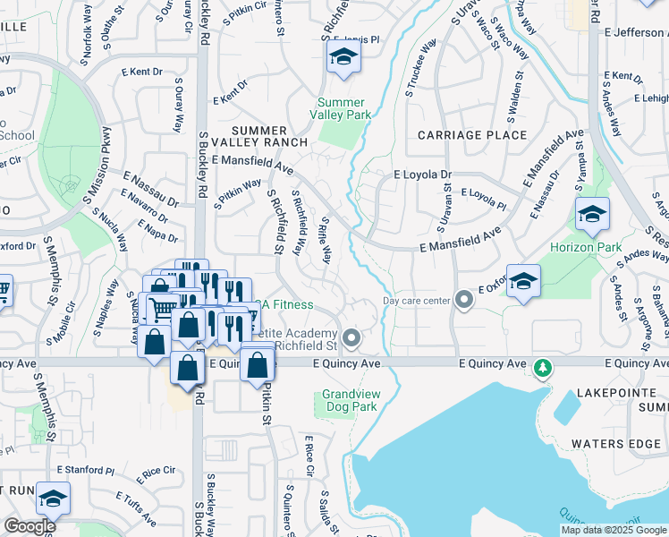 map of restaurants, bars, coffee shops, grocery stores, and more near 4107 South Rifle Way in Aurora