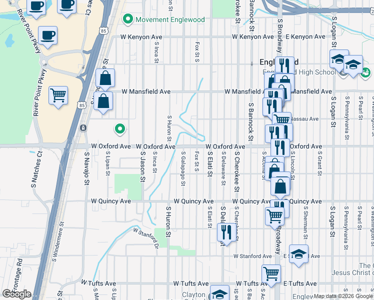 map of restaurants, bars, coffee shops, grocery stores, and more near 4100 South Galapago Street in Englewood