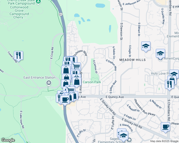 map of restaurants, bars, coffee shops, grocery stores, and more near 13957 East Oxford Place in Aurora
