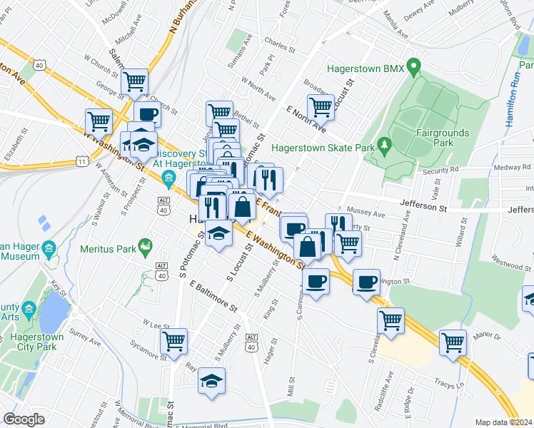 map of restaurants, bars, coffee shops, grocery stores, and more near 39 North Locust Street in Hagerstown