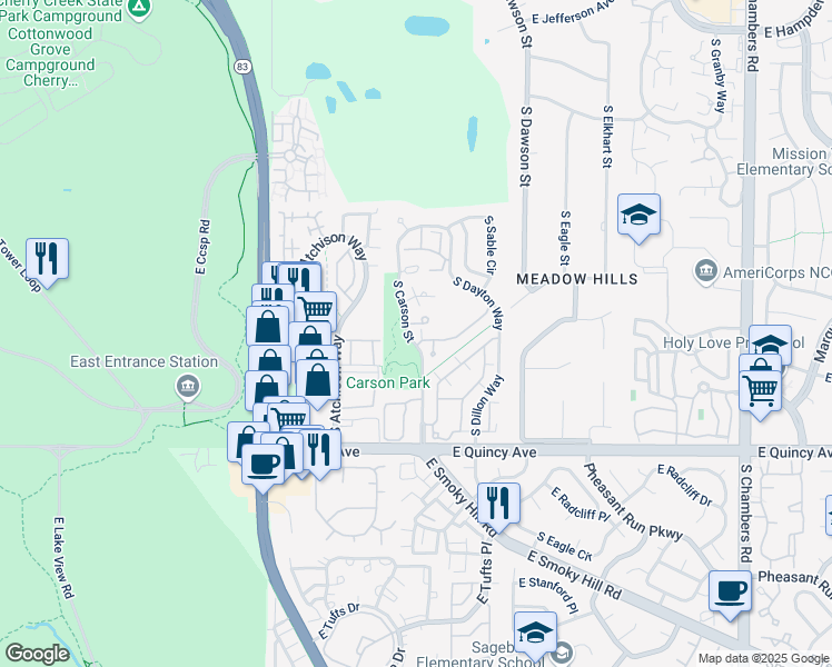 map of restaurants, bars, coffee shops, grocery stores, and more near 14211 East Napa Place in Aurora